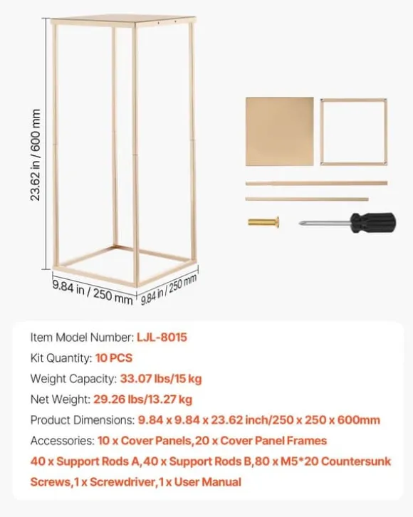 Blomsterstativer - Rektangulære Søjler - Sæt med 10 - 60 cm Højde - Metalramme - Til Bryllup og Fest - Guld