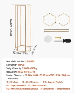 Blomsterstativer - Søjle - 10 stk - 80 cm Høje - Sekskantet Design - Med Akrylplade - Midtpunkt Til Bryllup & Fest - Guld