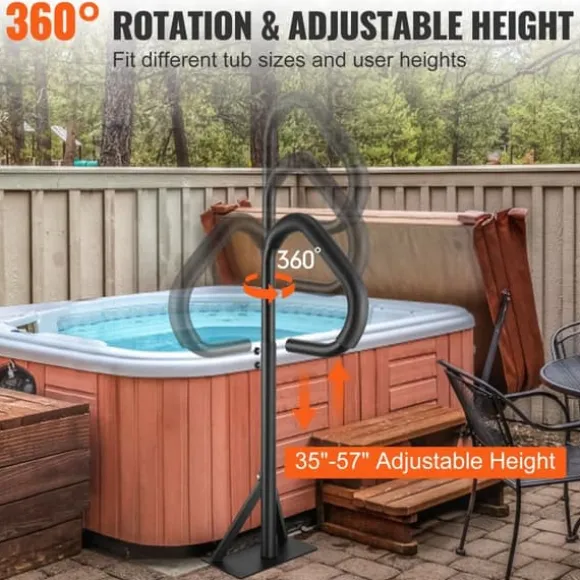 Boblebadshåndliste, 360° drejeligt spa-sidegelænder, justerbart fra 35"-57", rustfrit aluminium, 600 LBS kapacitet til inden- og udendørs brug.