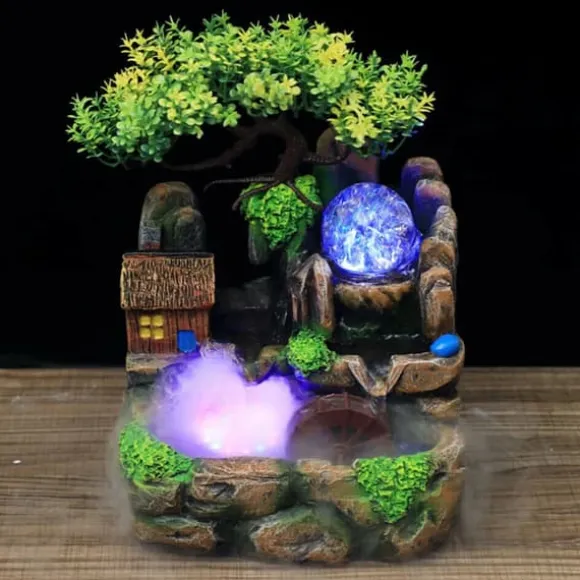 Bordfontæne - Indendørs fontæne - LED-lys - Kunstige træer - Stenlandskab - Cirkulerende vand - 27 x 20 x 16 cm - Harpiks