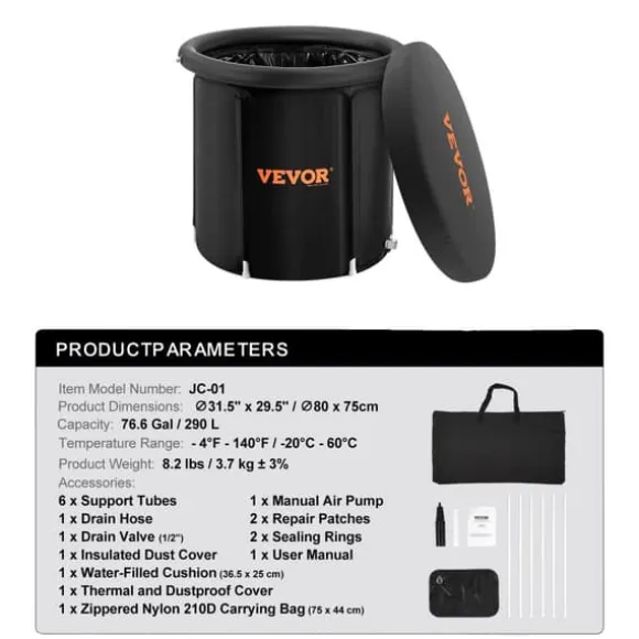 Bærbar isbadekar, 76,6 gallons kapacitet, temperaturinterval -4°F til 140°F,75x80