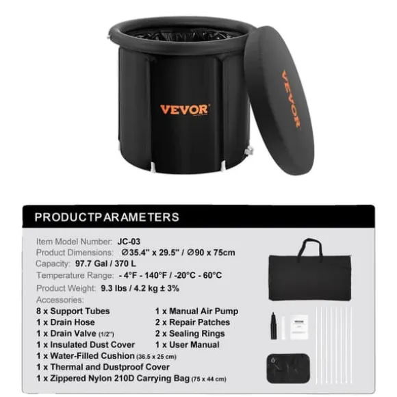 Bærbar isbadekar, 76,6 gallons kapacitet, temperaturinterval -4°F til 140°F,75x90