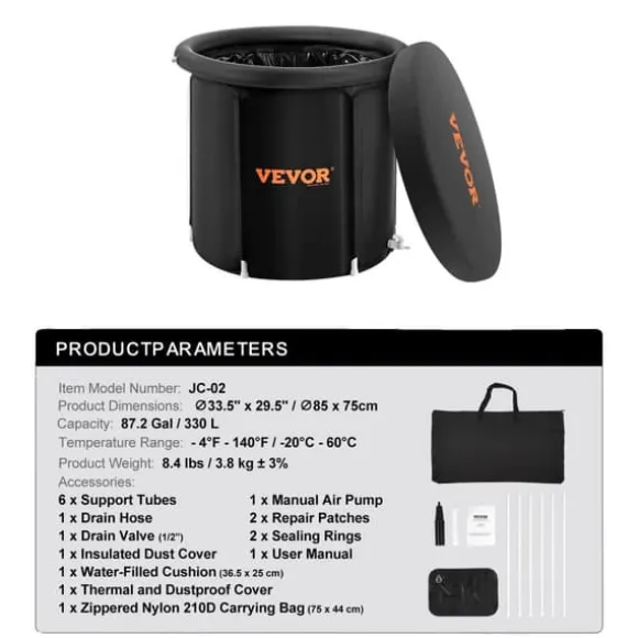 Bærbar isbadekar, 76,6 gallons kapacitet, temperaturinterval -4°F til 140°F,75x85