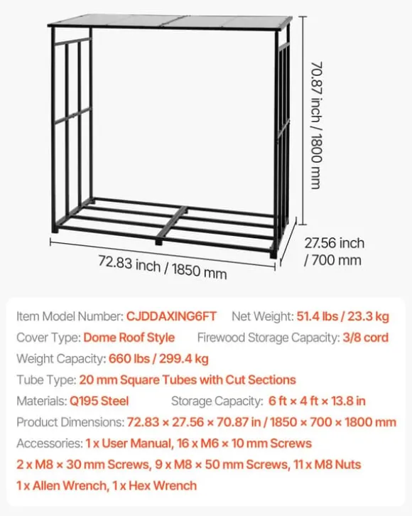 Brændehylde - Brændeholder med skråt tag - Udendørs - Længde 1,85 m - Kapacitet 0,9 m³ - Maks. belastning 299 kg - Pulverlakeret stål