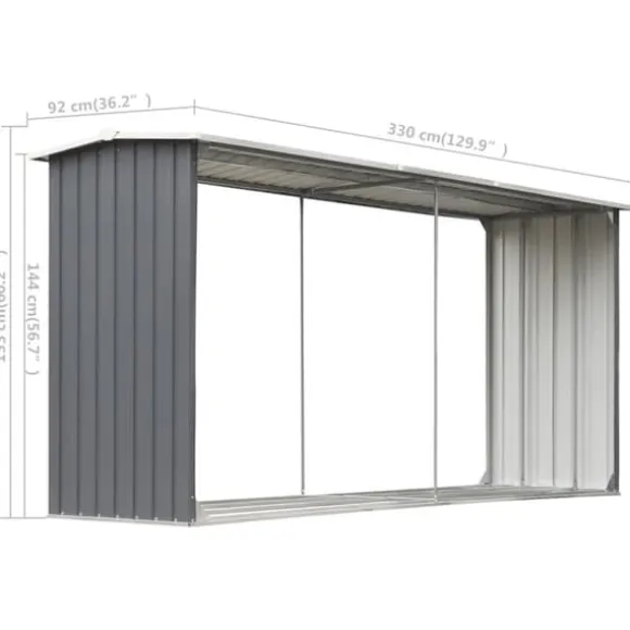 Brændekurve – tilbehør - Living brændeskur til haven galvaniseret stål 330 x 92 x 153 cm grå