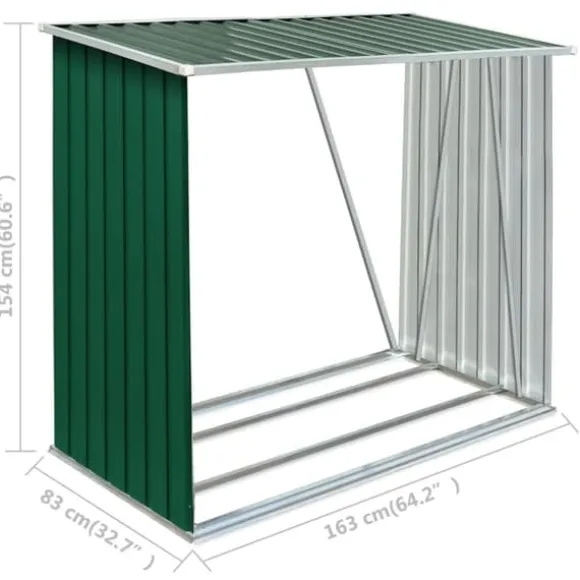 Brændeskur i galvaniseret stål - Holdbar opbevaringsløsning | Størrelse: 163x83x154 cm | Farve: Grøn