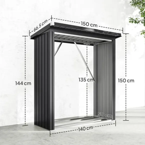 Brændeskur i stål med hævet bund og pulttag, 150×66,5×150 cm, mørkegrå