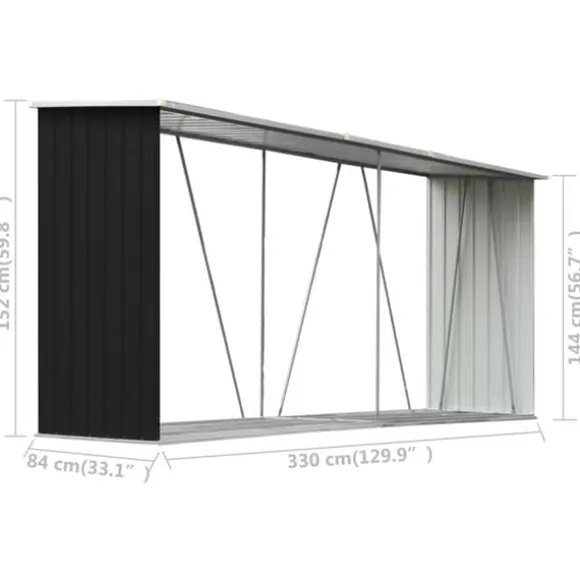 Brændeskur til haven - Galvaniseret stål | Størrelse: 330x84x152 cm | Farve: Antracitgrå