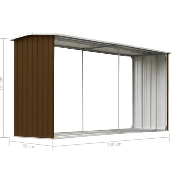 Brændeskur til haven - Galvaniseret stål | Størrelse: 330 x 92 x 153 cm | Farve: Brun