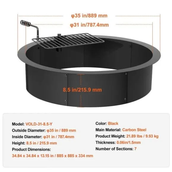 Brændestativ 35 tommer, BBQ ildring i stål, DIY lejrbål, holdbart design, perfekt til udendørs aktiviteter