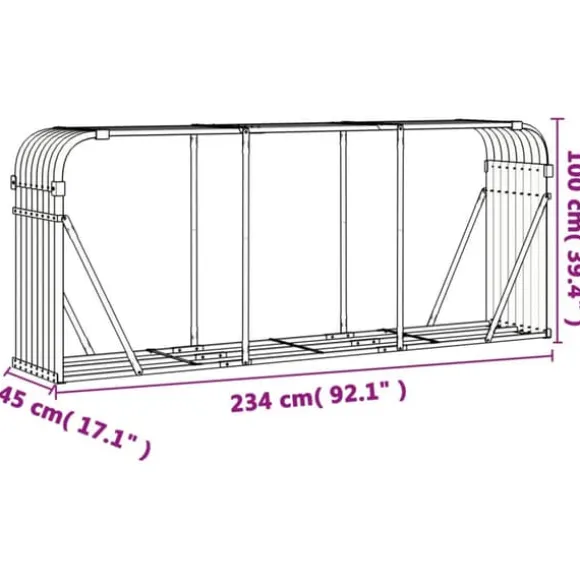 Brændestativ i galvaniseret stål til brændeopbevaring | Størrelse: 234x45x100 cm | Farve: Brun