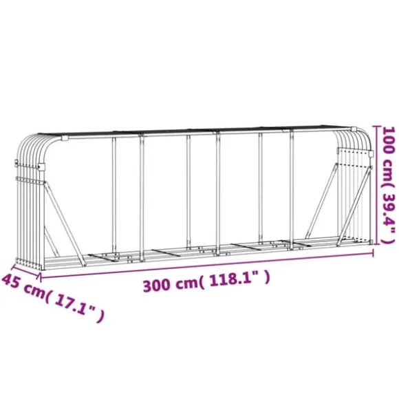 Brændestativ i galvaniseret stål - Holdbar brændeholder | Størrelse: 300x45x100 cm
