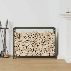 Brændestativ i koldvalset stål - Robust brændereol | Farve: Olivengrøn | Størrelse: 90x28x65 cm