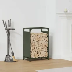 Brændestativ i koldvalset stål - Robust brændeholder | Størrelse: 44x28x65 cm | Farve: Olivengrøn