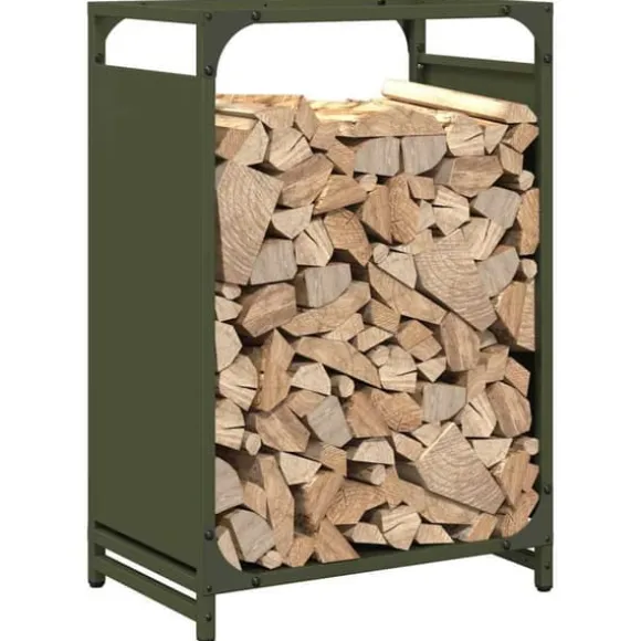 Brændestativ i koldvalset stål - Robust brændeholder | Størrelse: 44x28x65 cm | Farve: Olivengrøn