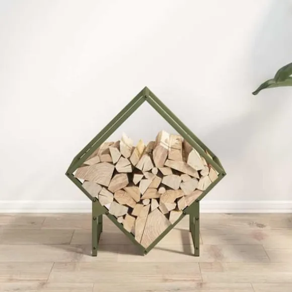 Brændestativ i koldvalset stål - Robust opbevaring til brænde | Farve: Olivengrøn | Størrelse: 50x25x50 cm