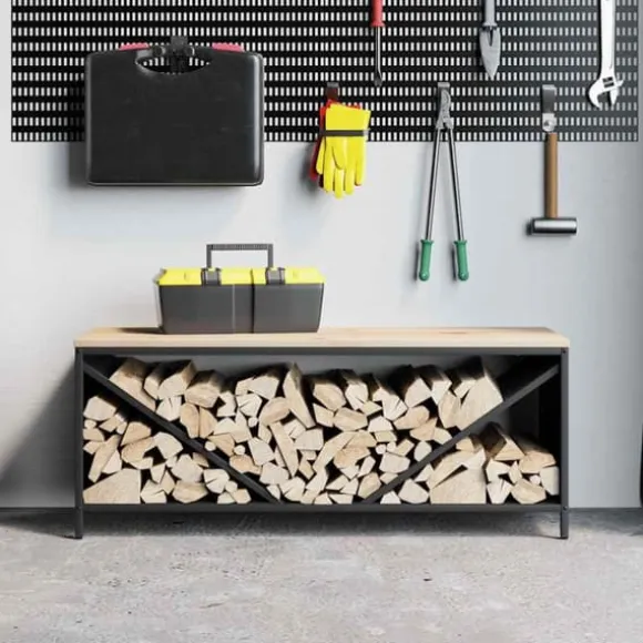 Brændestativ med trætop - Robust brændereol | Størrelse: 100,5x35,5x40 cm | Farve: Sort