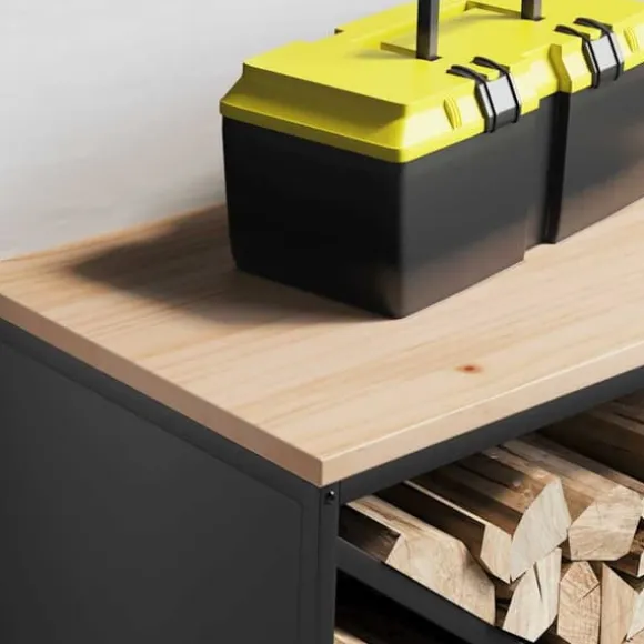 Brændestativ med trætop - Robust brændereol | Størrelse: 100,5x35,5x40 cm | Farve: Sort