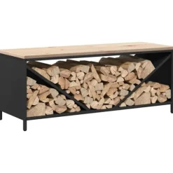 Brændestativ med trætop - Robust brændereol | Størrelse: 100,5x35,5x40 cm | Farve: Sort
