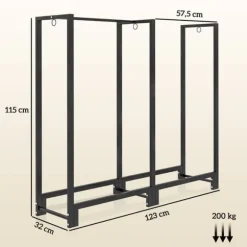 Brændestativ pejsebrænde stål sort 123x32x115 cm, 2 rum, 3 kroge, indendørs/udendørs, op til 200 kg