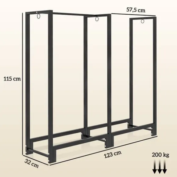 Brændestativ pejsebrænde stål sort 123x32x115 cm, 2 rum, 3 kroge, indendørs/udendørs, op til 200 kg