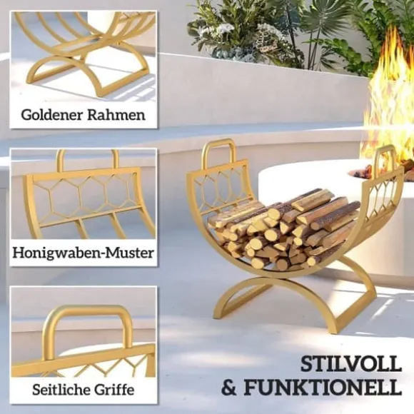 Brændestativ til indendørs brug 46×36×41 cm til pejs/ovn, metal, guld