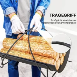 Brændestativ til indendørs brug 51×38×33 cm, geometrisk design med håndtag, metal, sort