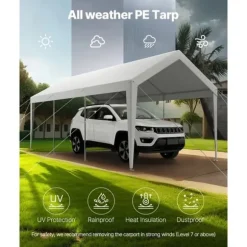 Carport Biloverdækning 10 x 20 FT, Kraftig Bærbar Biloverdækningstelt, Hvid Farve, Modstandsdygtig Mod Vejrforhold