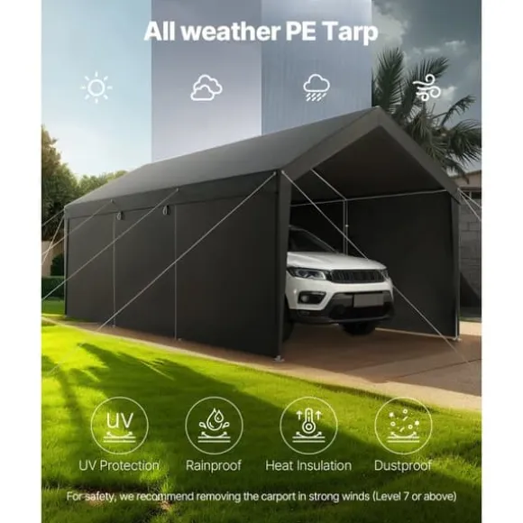 Carport Overdækning 3,5x6,5 m, Kraftig Overdækning, Sidevægge, Grå Farve