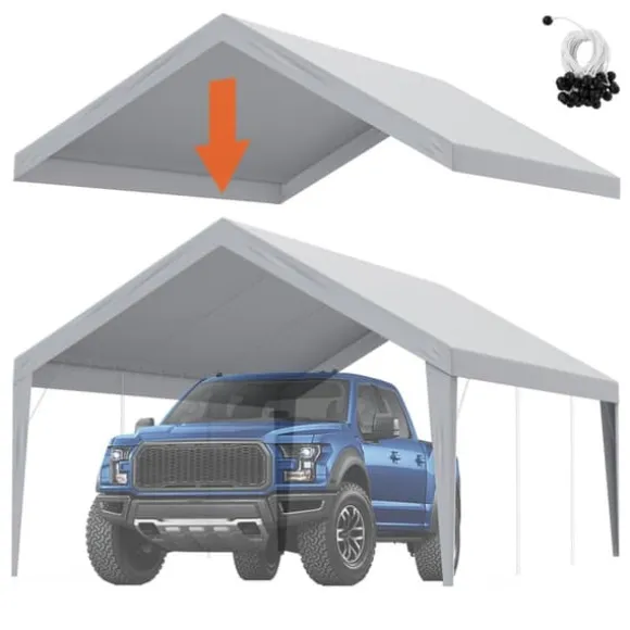 Carport Udskiftning Baldakin 13x20 ft, Vandtæt Garage Telt, UV-beskyttet, Nem installation med Bungee, Grå (Kun Cover, Ramme ikke inkluderet)