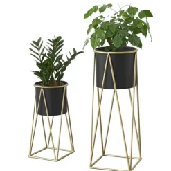 [casa.pro]® Plantestativ sæt - 2 stk. - med indbyggede krukker - 47x21,5cm - 71x26,5cm - metal / messing-sort