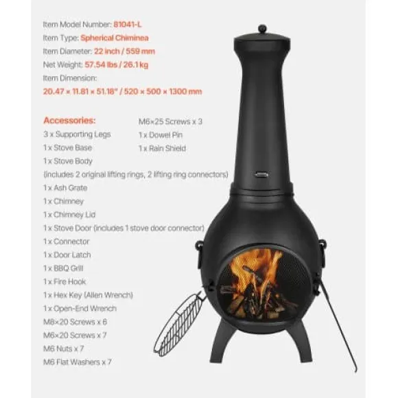 Chiminea, Kugleformet udendørs pejs, 52x50x130 cm, Sort, Aluminium