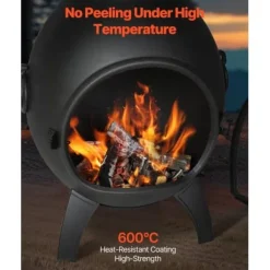 Chiminea, Kugleformet udendørs brændefyret ildsted, 43x42x112 cm, Sort