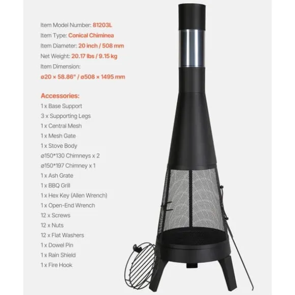 Chiminea Udendørs Brændeovn, 20 Tommer, Med Grillnet og Skorstensbelægning
