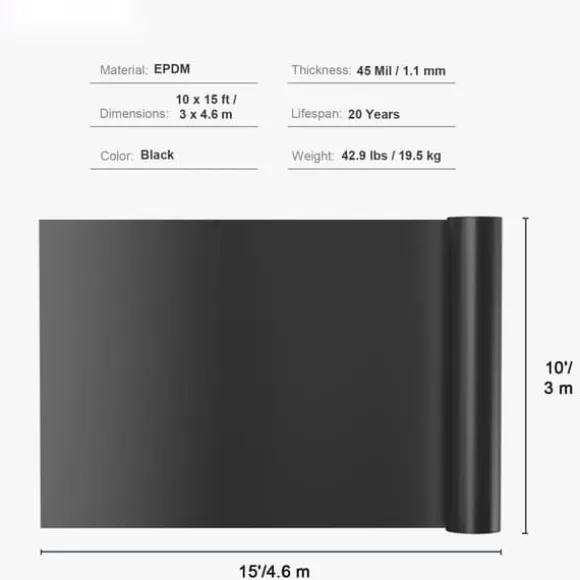 Damforing 10x15 fod, 45 mil tykkelse, fleksibel EPDM. Perfekt til fiskedamme, vandfald og springvand. Sort farve.