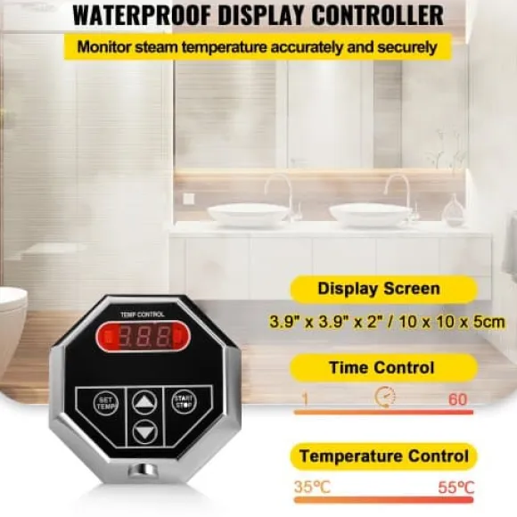 Dampgenerator, 6kW sauna damper med LED digitalt display, 39,5x15,3x31,3 cm, rustfrit stål