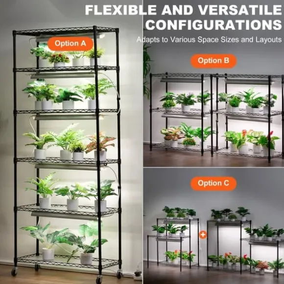 DIY Plantestativ med Vokse-lamper, 6 Etagers, 192W, 70,9” Høj, Justerbar Plant Grow Hylde til Indendørs Planter.