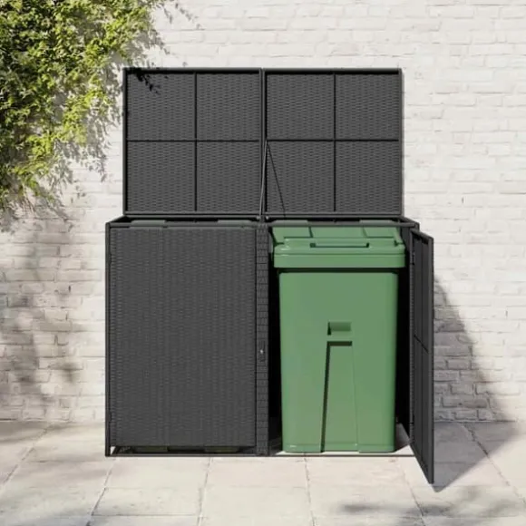Dobbelt skraldespandsskjuler i polyrattan | Farve: Sort | Størrelse: 148x80x111 cm