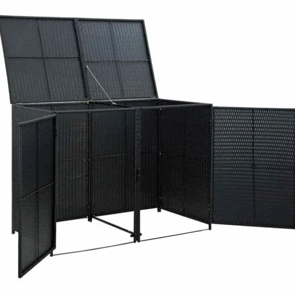 Dobbelt skraldespandsskjuler i polyrattan | Farve: Sort | Størrelse: 148x80x111 cm