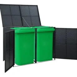 Dobbelt skraldespandsskjuler i polyrattan | Farve: Sort | Størrelse: 148x80x111 cm