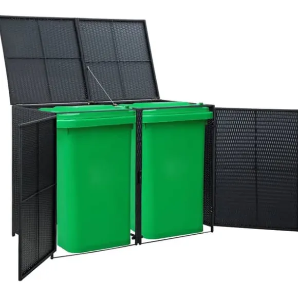 Dobbelt skraldespandsskjuler i polyrattan | Farve: Sort | Størrelse: 148x80x111 cm