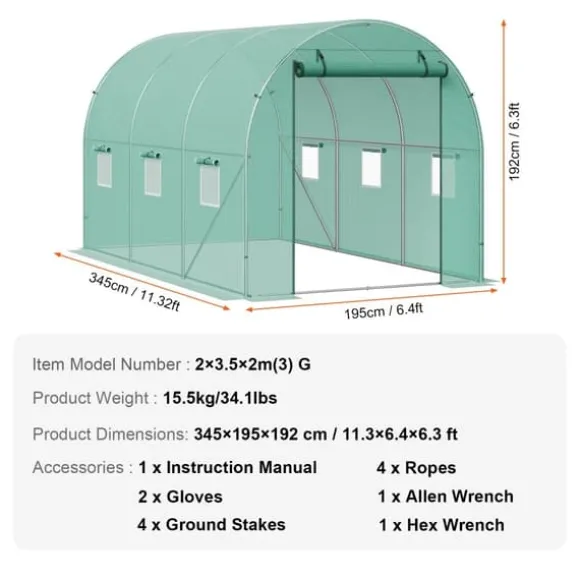 Drivhus, kraftig ramme, effektiv ventilation,12x7x7 ft