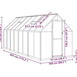Drivhus med aluminiumfundamentramme - Vejrbestandig | Størrelse: 445x169x195 cm | Farve: Sølv