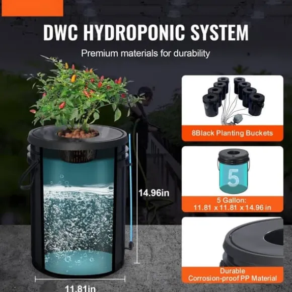 DWC Hydroponics dyrkessystem, Deep Water Culture, 8 spande med luftpumpe, effektiv vandkultur, let at bruge