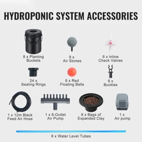 DWC Hydroponics dyrkessystem, Deep Water Culture, 8 spande med luftpumpe, effektiv vandkultur, let at bruge