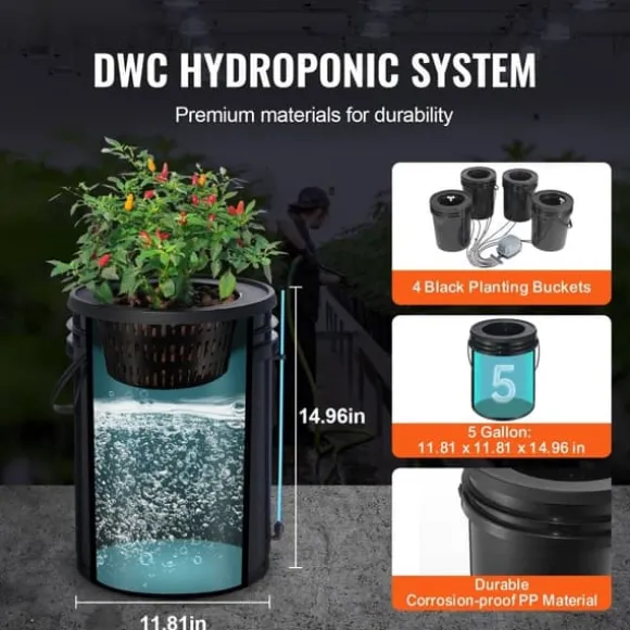 DWC Hydroponics Vækstsystem, Dybvandskultur med Top Drip, 4 Spande, Effektiv Vækst, Hydroponisk Havearbejde
