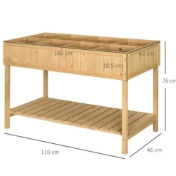 Dyrkningsbord med 8 rum & afløb, hylde, massivt grantræ, 110x46x76 cm