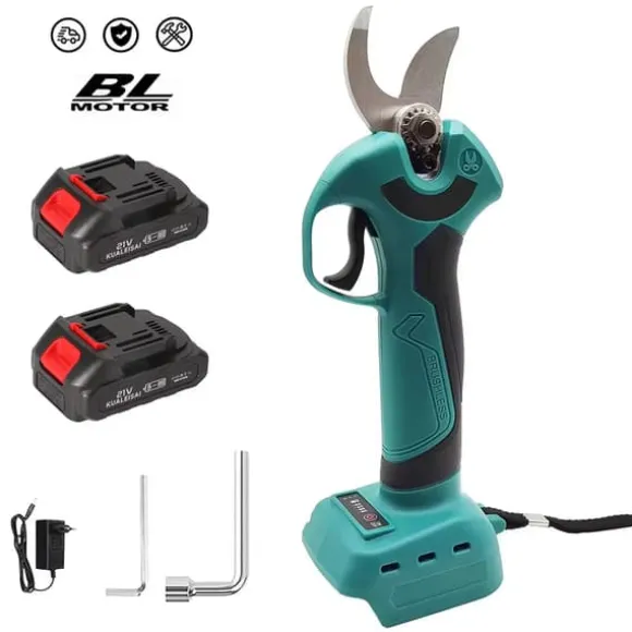 Elektrisk beskærersaks, børsteløs 1200W/30 mm, trådløs, kompatibel med Makita 18V-batterier, 2x batteri, gul/sort