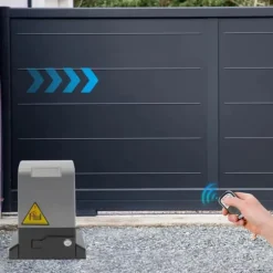 Elektrisk døråbner - Fjernbetjening - 370 W - 220 V 50 Hz - IP44 vandtæt - Til metal- og trædøre - 12 m/min - Grå