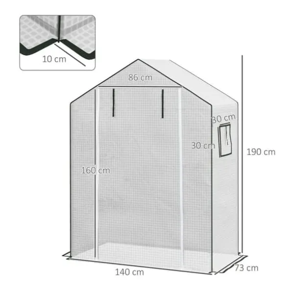 Erstatningsfolie PE 140x73x190 cm, UV-beskyttelse, rulleport & sidevinduer – til drivhus/tomathus, hvid